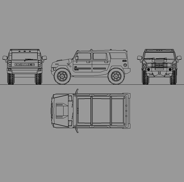 Bloque Autocad Vista de Hummer en Alzado, Perfil y Planta